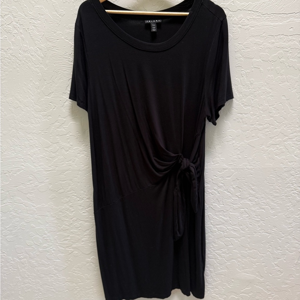 Tribal Women’s Faux Wrap Stretchy Black Short Sleeve Midi Dress